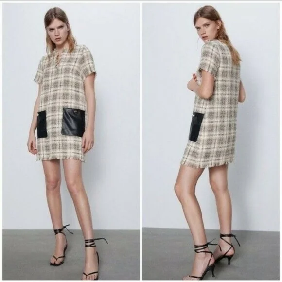 ZARA Tweed Plaid Mini Dress with Faux Leather Pockets | NWT XS - Picture 2 of 13